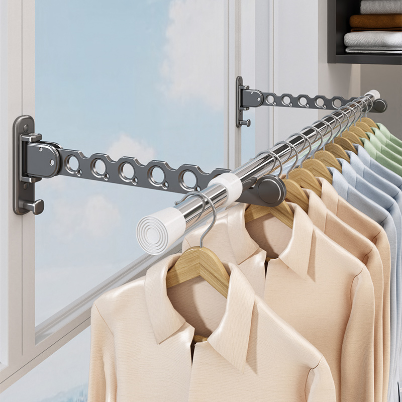 阳台隐形折叠晾衣架窗p户晾衣杆免打孔可伸缩墙上室内家用飘窗晾