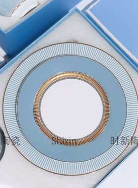 W家简约天蓝色条纹骨瓷餐盘高档新款家用金边盘子高级陶瓷菜盘