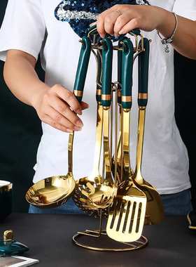 悍乐轻奢厨房用品全套不锈钢漏勺汤匙铲勺炒菜锅铲厨具挂件套装