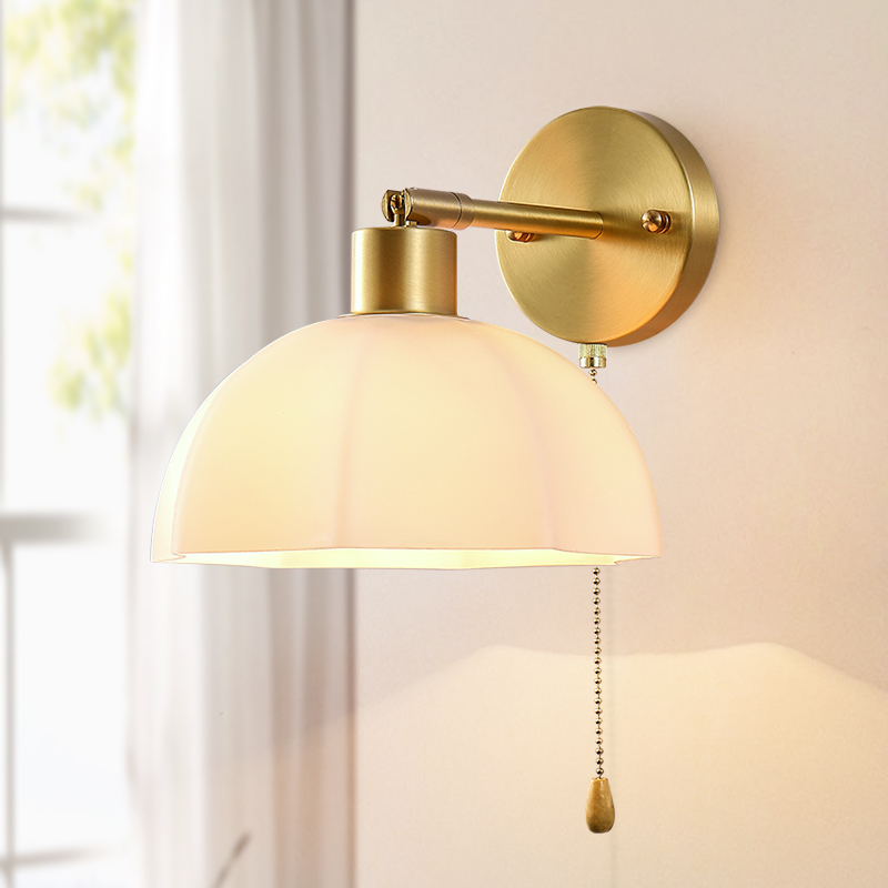 床头壁灯拉线开关客厅壁挂法式奶油风复古卧室美式阅读全铜墙壁灯