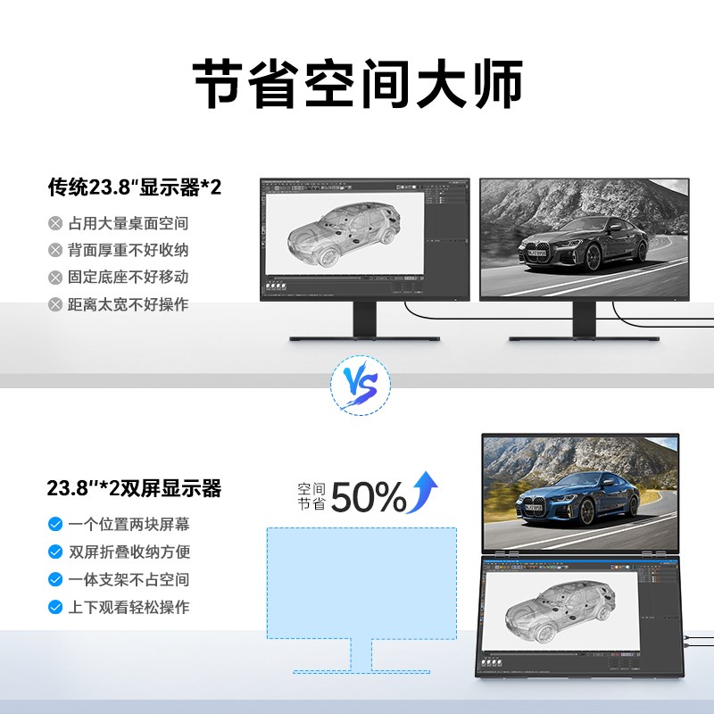 雕塑家23.8英寸双屏4K显示器高刷笔记本电脑副屏办公炒股外接屏