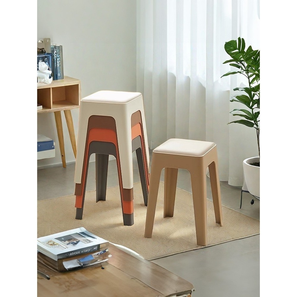 凳子塑料加厚家用可叠放软包方凳现代简约客厅餐桌高板凳餐厅椅子