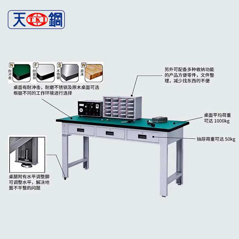 天钢WAT5203N重型钳工台维修桌钢板不锈钢流水线实验装配工作桌子