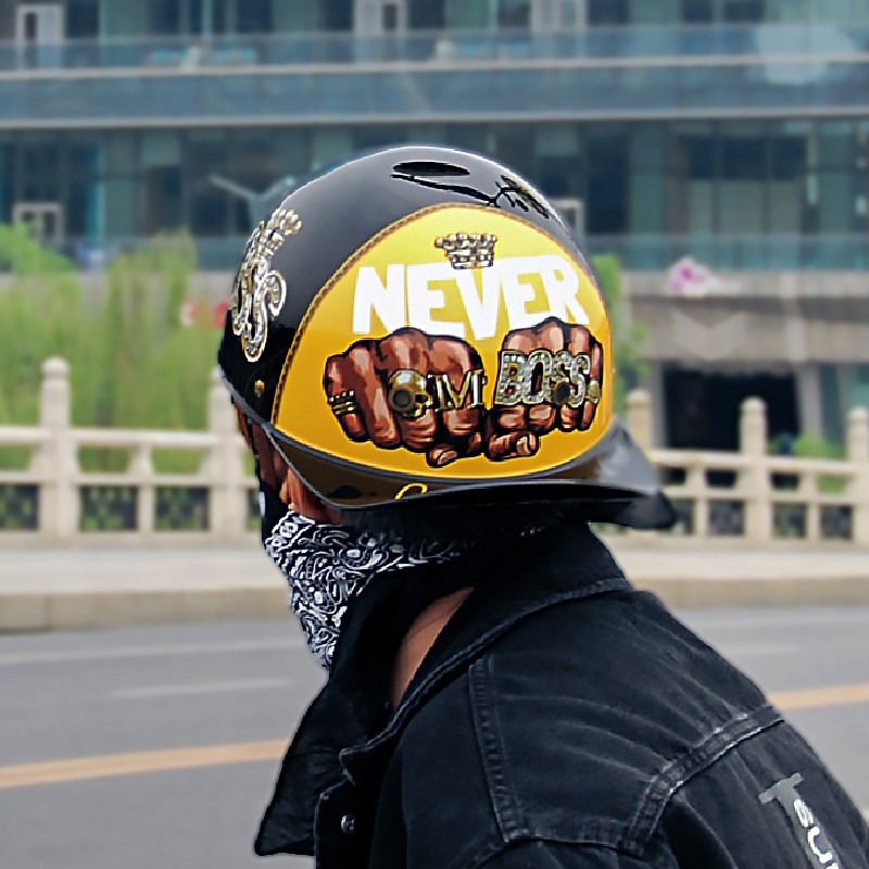 复古机车嘻哈风棒球帽头盔摩托车电动车半盔带帽檐瓢盔翘盔