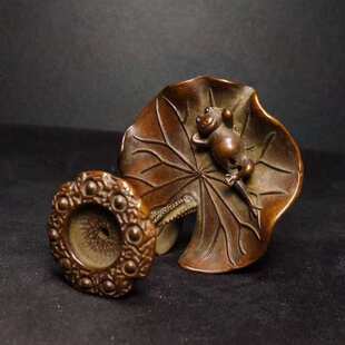 实心铜荷叶青蛙造型倒流香香插小摆件铜茶宠盖置茶道具铜雕件铜器