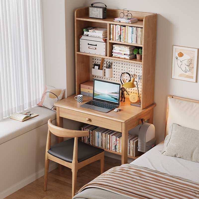 实木电脑桌家用办公桌卧室学生书桌书架一体带洞洞板简易置物桌子