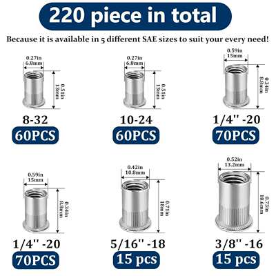 跨境 220PCS盒装 6种尺寸/英制304不锈钢铆钉螺纹平头拉铆螺母