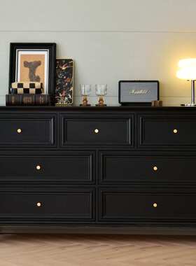 A8L美式实木五斗柜卧室黑色简约抽屉柜子靠墙轻奢立柜床尾收纳柜