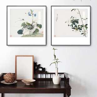 新中式牡丹花组合卧室床头挂画原木风花鸟禅意客厅沙发背景装饰画