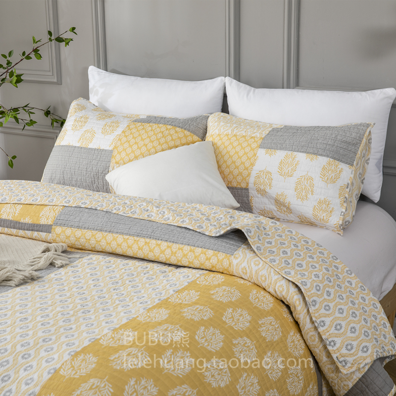 外贸美式全棉床盖黄色衍缝被三件套夹棉绗缝床单纯棉床罩空调被夏