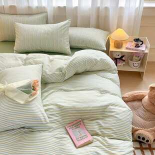 男生简约纯棉印花四件套纯色床单床笠一百棉学生宿舍三件套裸睡级