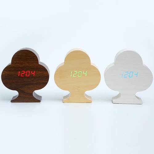创意夜光梅花木质电子闹钟数字LED静音声控木质家居办公迷你闹钟