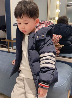 儿童TB四道杠长袖羽绒服男女童学院风条纹袖羽绒外套简约气质潮服