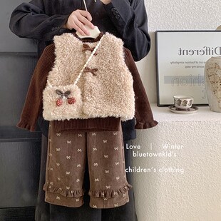 女童加绒网红套装秋冬新款洋气时髦夹棉马甲加厚毛衣裤子三件套潮
