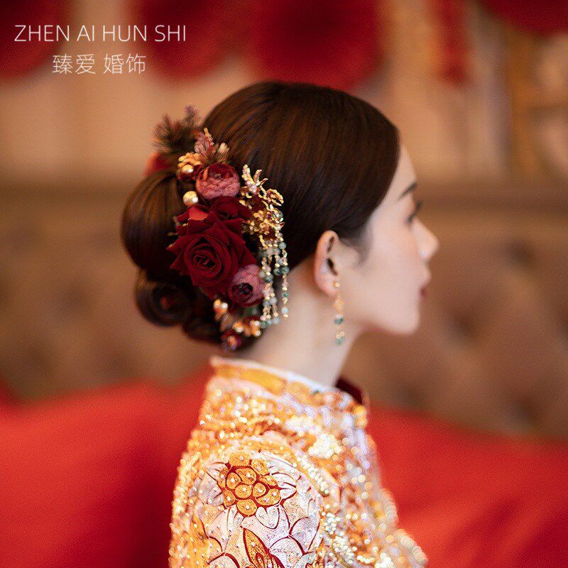 新中式新娘头饰配饰红色珍珠发饰发簪旗袍出嫁发型敬酒服盘发新款