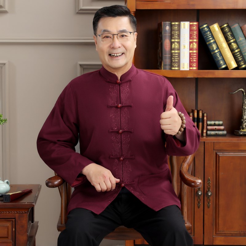 中老年唐装男长袖套装春秋中式夹克爷爷秋装外套老人冬季加厚棉衣