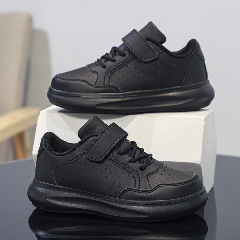 奥特莱斯折扣童鞋男童全黑色鞋子中大童透气网面板鞋男孩黑色皮鞋