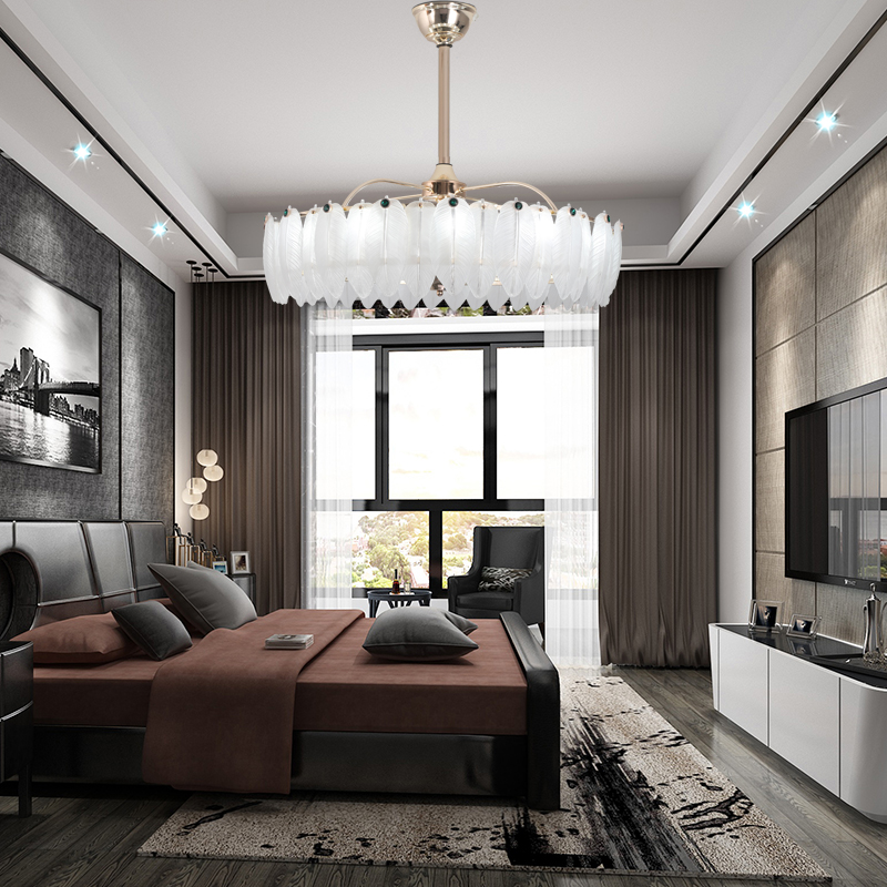 羽毛轻奢餐厅风扇吊灯内外双层+变频铜电机+遥控+智能语音+6 档风