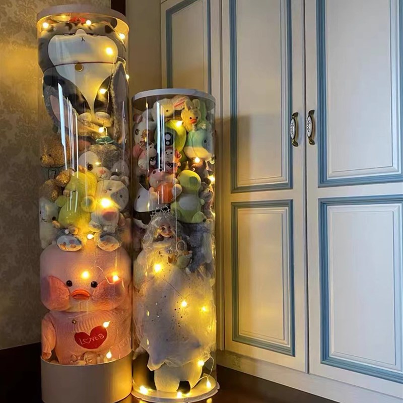 娃娃收纳桶儿童毛绒玩具筐透明圆柱玩偶公仔收纳神器可旋转收纳篮