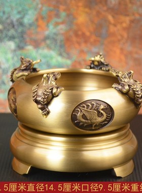 宏达全黄铜四方来财聚宝盆玄关装饰品铜盆金蟾铜器摆件