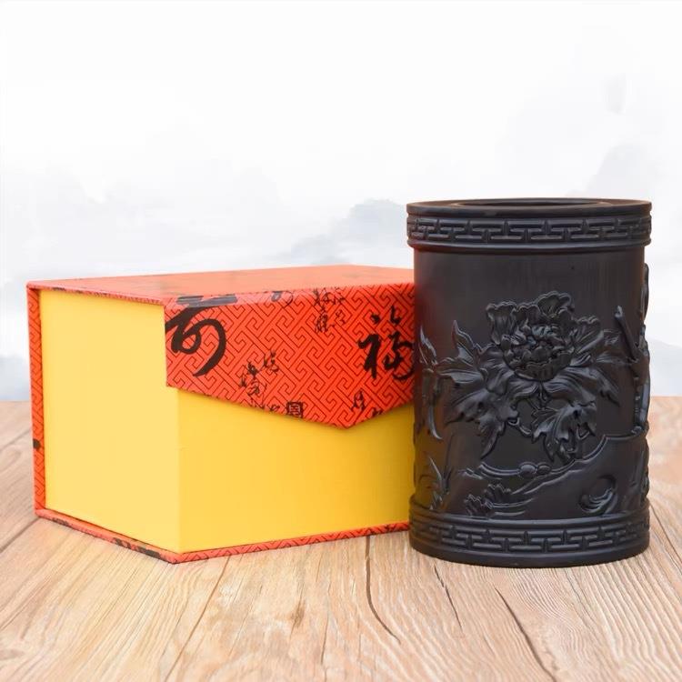 黑檀木笔筒复古雕刻中国风笔筒工艺品摆件商务办公实木笔筒