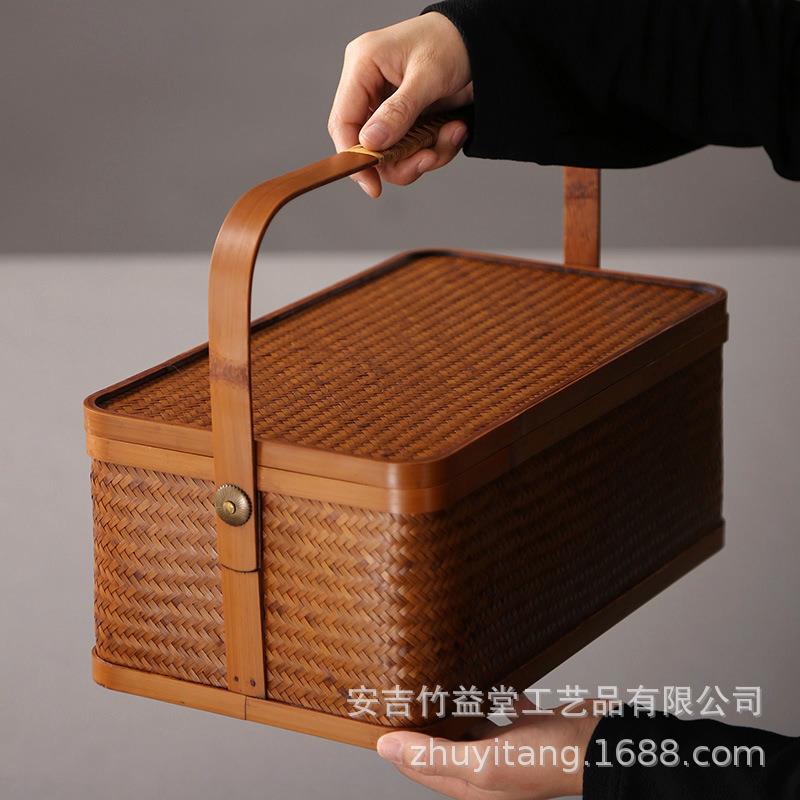 竹编长方形手提盒名家茶具收纳盒优品提篮旅行大漆食盒茶具配件