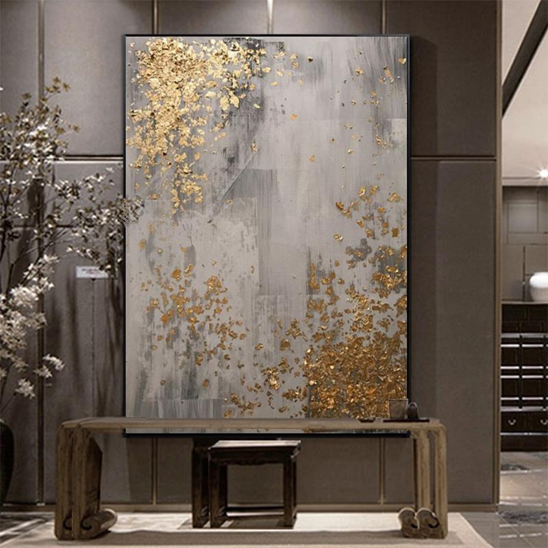 纯手绘油画轻奢玄关装饰画金箔样板房挂画后现代简约壁画手工挂画