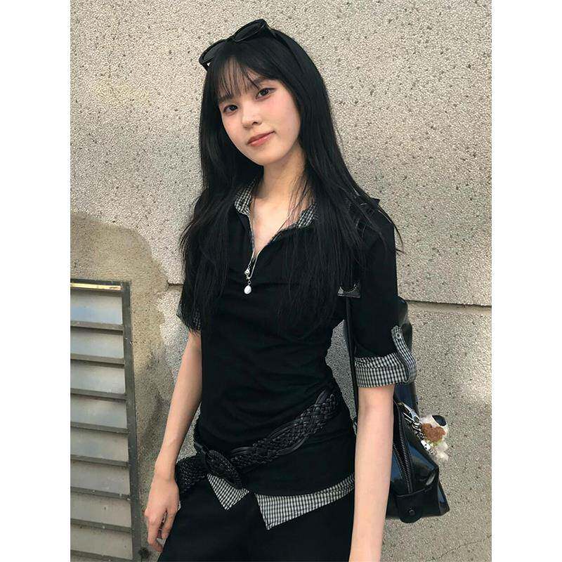 学院风polo衫短袖女夏季撞色格纹假两件修身T恤vintage甜辣上衣潮