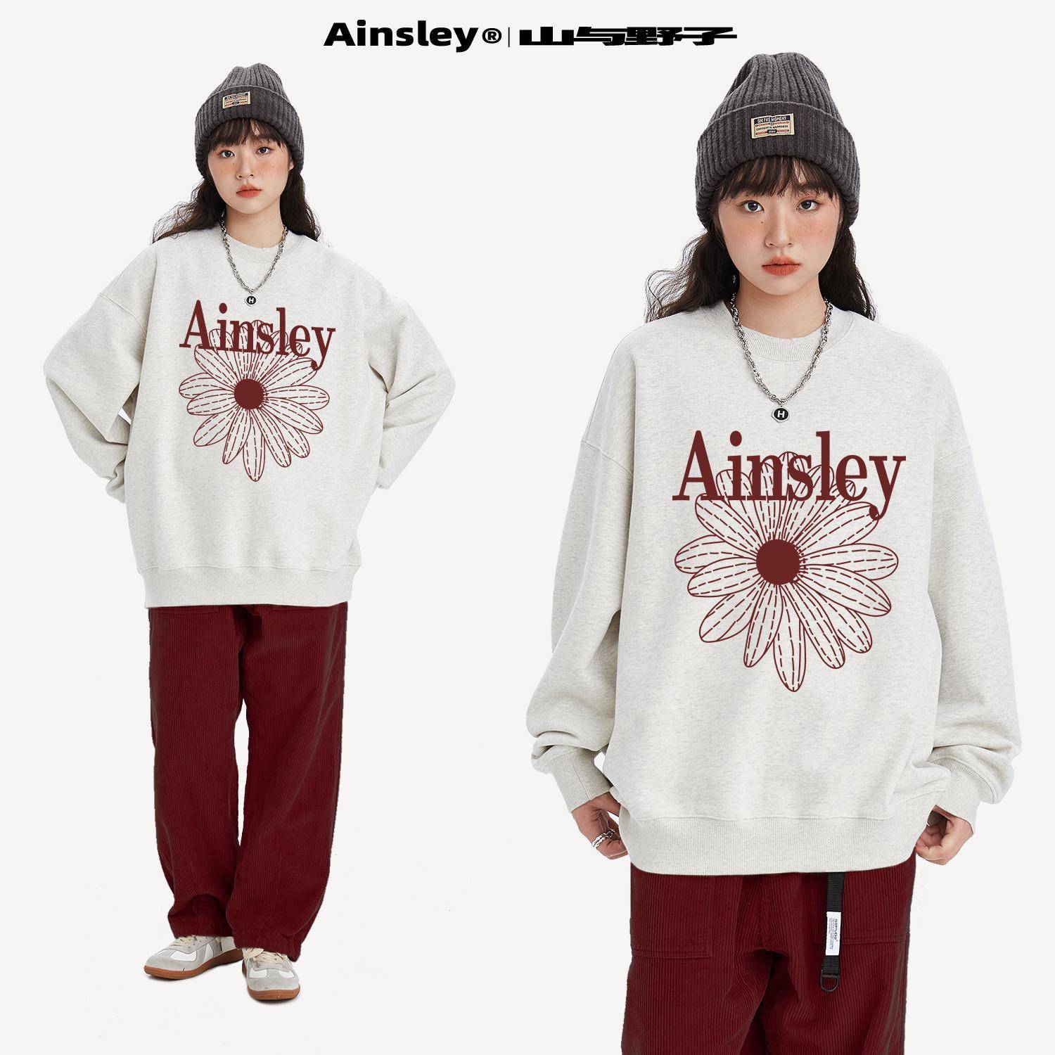 山与野子 韩系红色小雏菊卫衣女加绒冬季宽松显瘦重磅圆领上衣