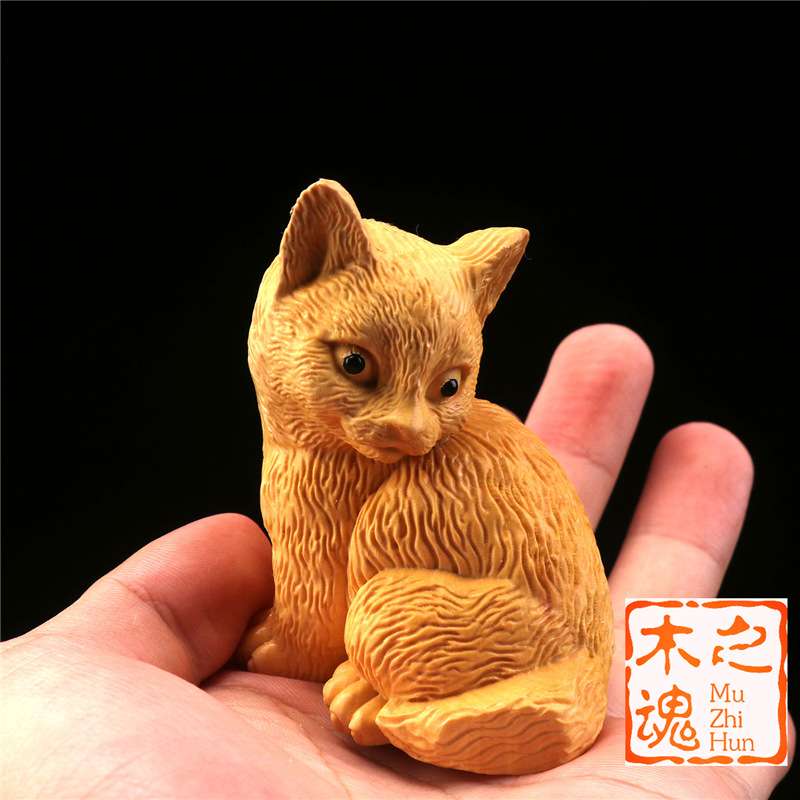 黄杨木雕刻随身手把件创意小猫家居简约文玩汽车招财猫摆件工艺品