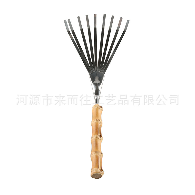 园林艺工具不锈钢竹节根木柄盆栽种植花土搂草落叶九齿小耙子