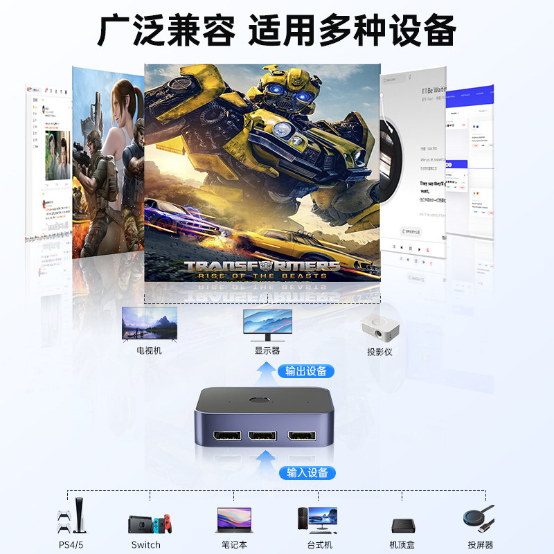 DP1.4切换器8K60一分三4K144三进一出电脑萤幕高清影片三口3进1出