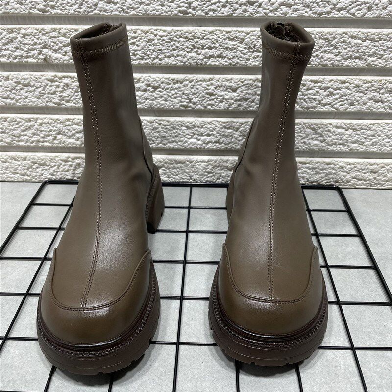 断码处理靴子女瘦瘦靴冬季加绒简约百搭时尚后拉链圆头粗跟短靴女