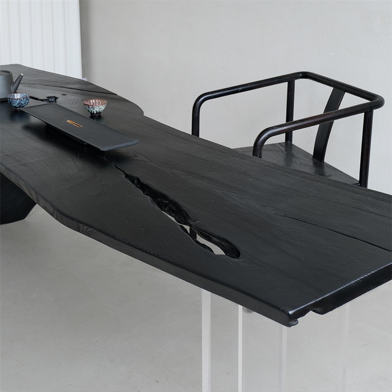 侘寂风白蜡木原木碳化黑色茶桌实木桌设计师异形整板原木大板茶台