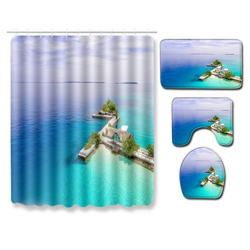 沙滩浴帘地垫组合四件套装卫生间马桶地毯淋浴房垫子脚垫跨境代发,居家布艺,家用脚垫,淘宝优惠券,粉丝福利购,淘宝优惠卷