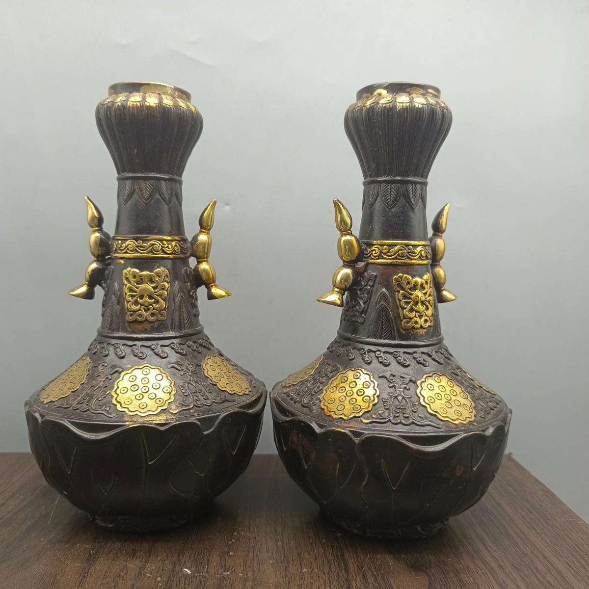 仿古葫芦花瓶铜器摆件古玩铜器瓶子一对居家桌面摆设工艺品