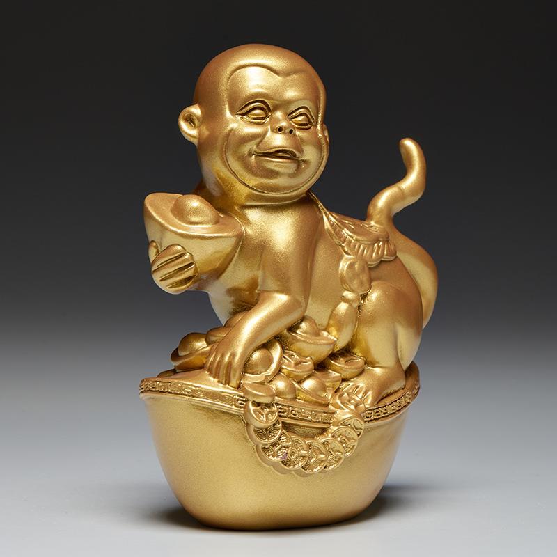金色木雕生肖猴子摆件可爱属相猴吉祥物客厅办公室金猴装饰工艺品