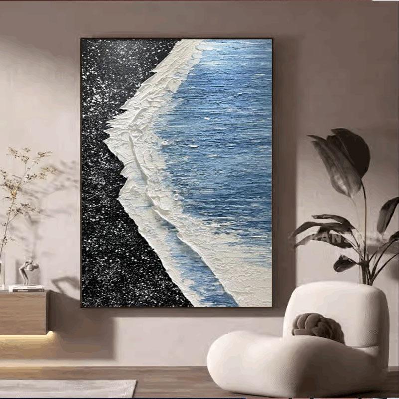 纯手绘油画海景玄关装饰画丙烯砂岩海滩肌理画酒店办公室别墅挂画