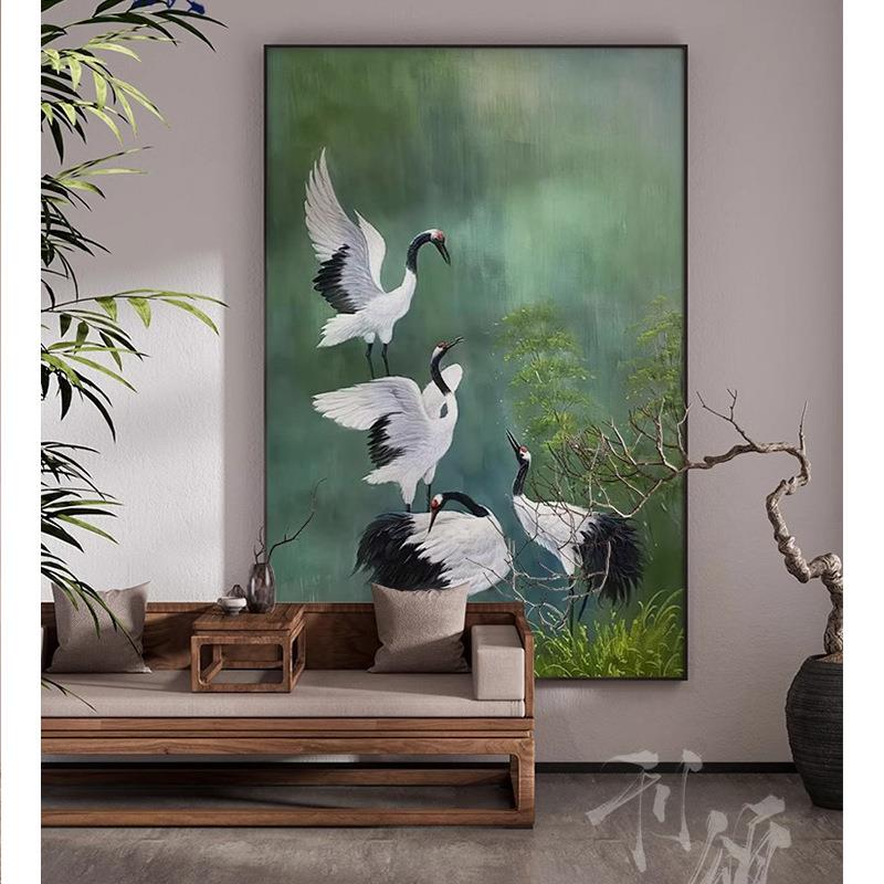 书房茶室新中式油画仙鹤古典客厅装饰画走廊玄关卧室壁画竖版挂画