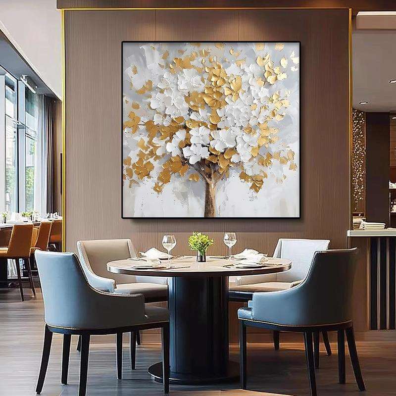 发财树餐厅手绘油画大芬村立体肌理玄关装饰画金箔高级感客厅挂画