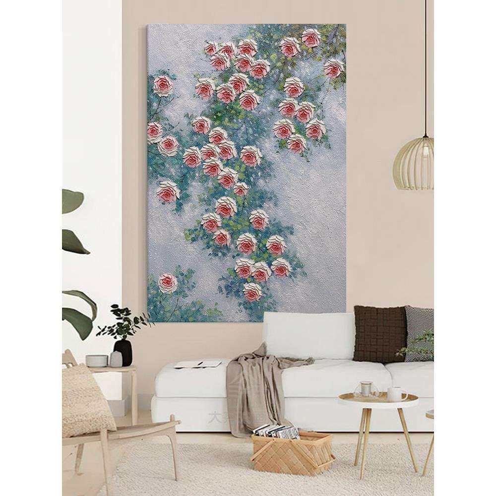 客厅奶油风粉色玫瑰花手绘油画玄关立体石英砂装饰画大幅肌理挂画