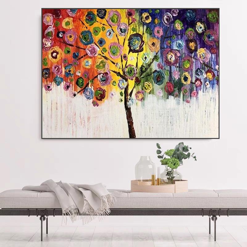 现代简约大芬纯手工绘画抽像油画厚肌理装饰画发财树挂画大幅壁画