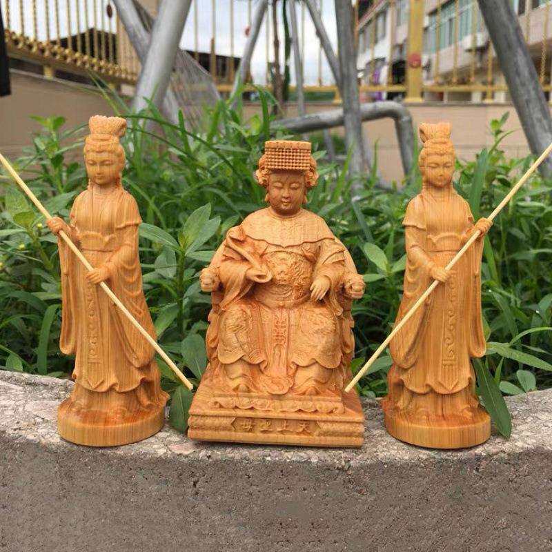 崖柏木雕天上圣母妈祖娘娘左右宫女像摆件天妃仕女湄洲妈祖平安