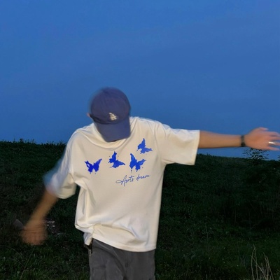 重磅 Asrts荧光蝴蝶小众潮牌夏季纯棉宽松男士情侣半袖短袖T恤ins