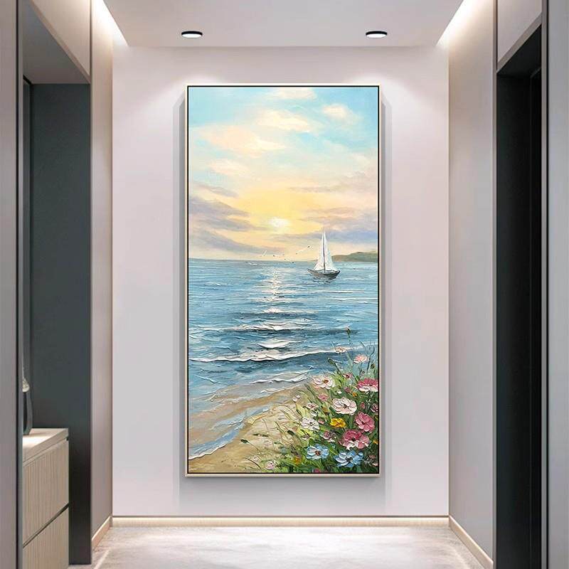 手绘油画现代简约玄关装饰画竖一帆风顺走廊过道挂画立体海景壁画