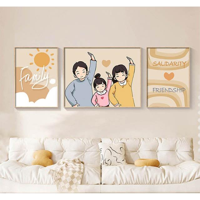温馨一家小清新壁画装饰画客厅高级感沙发画三联画卡通可爱儿童房