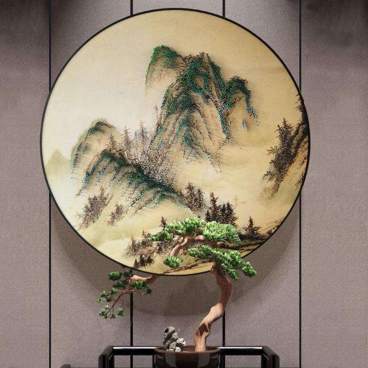 招财风水新中式圆形装饰画山水钉子画客厅玄关立体实物挂画可