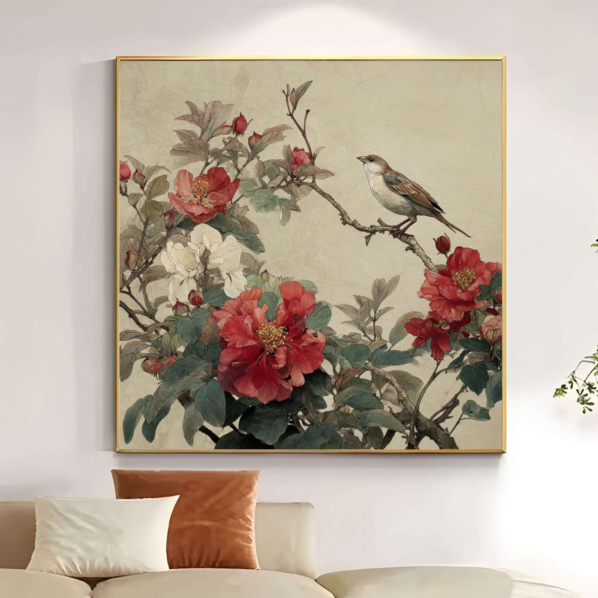 新中式花鸟牡丹花国风带框画家居装饰画客厅玄关餐厅卧室布景挂画