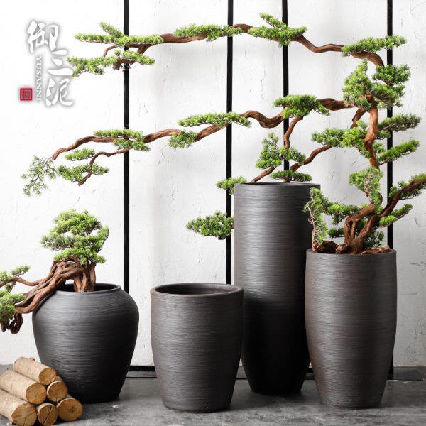 北欧现代简约干花陶瓷花瓶客厅落地花盆黑色禅意插花陶罐装饰摆件