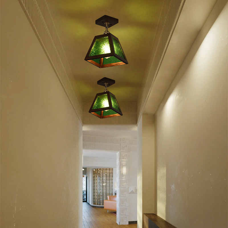 三灯一宅日式实木复古怀旧彩色花纹玻璃玄K关过道阳台胡桃木吸顶